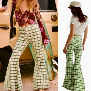 New Free People Just Float On Lime Checkered Green Super Flare Pants